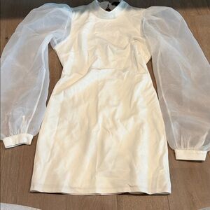 NBD Cream Long Sleeve Dress with Sheer Sleeves